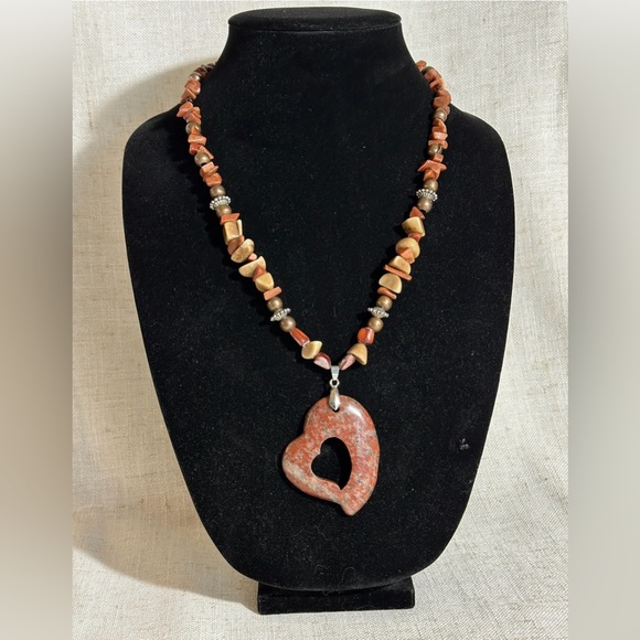 Red Sesame Jasper Gemstone Goldstone Large Heart Pendant Necklace Boho Chunky - Picture 8 of 11